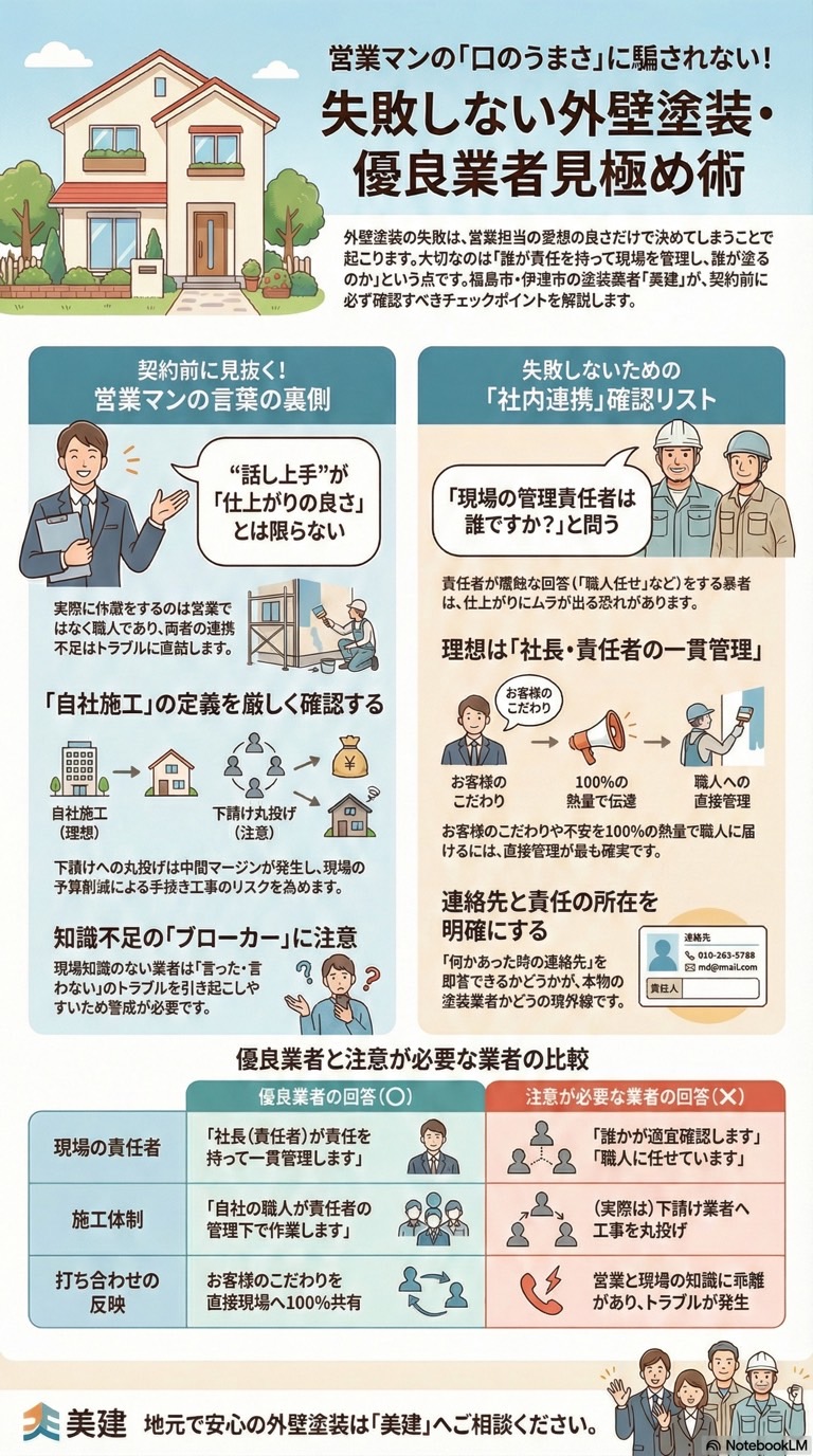 営業マンの「口のうまさ」に騙されないで!福島市・伊達市の外壁塗装、失敗しないチェックリスト 03