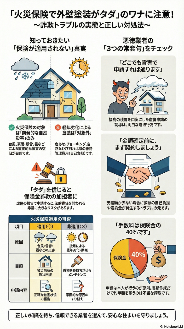 【福島市の塗装プロが直言】「火災保険で外壁塗装がタダ」は本当?詐欺トラブルの実態と正しい対処法 ⚠️ 02