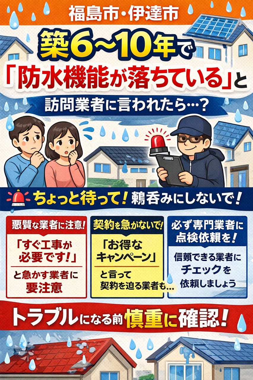 【福島市・伊達市】築6〜10年で「防水機能が落ちている」と訪問業者に言われたら？ 🚨