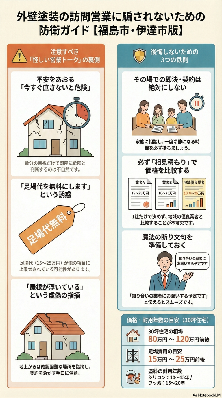 【福島市・伊達市】外壁塗装の訪問営業トーク11選｜実際にあった手口と正しい断り方 🏠 02