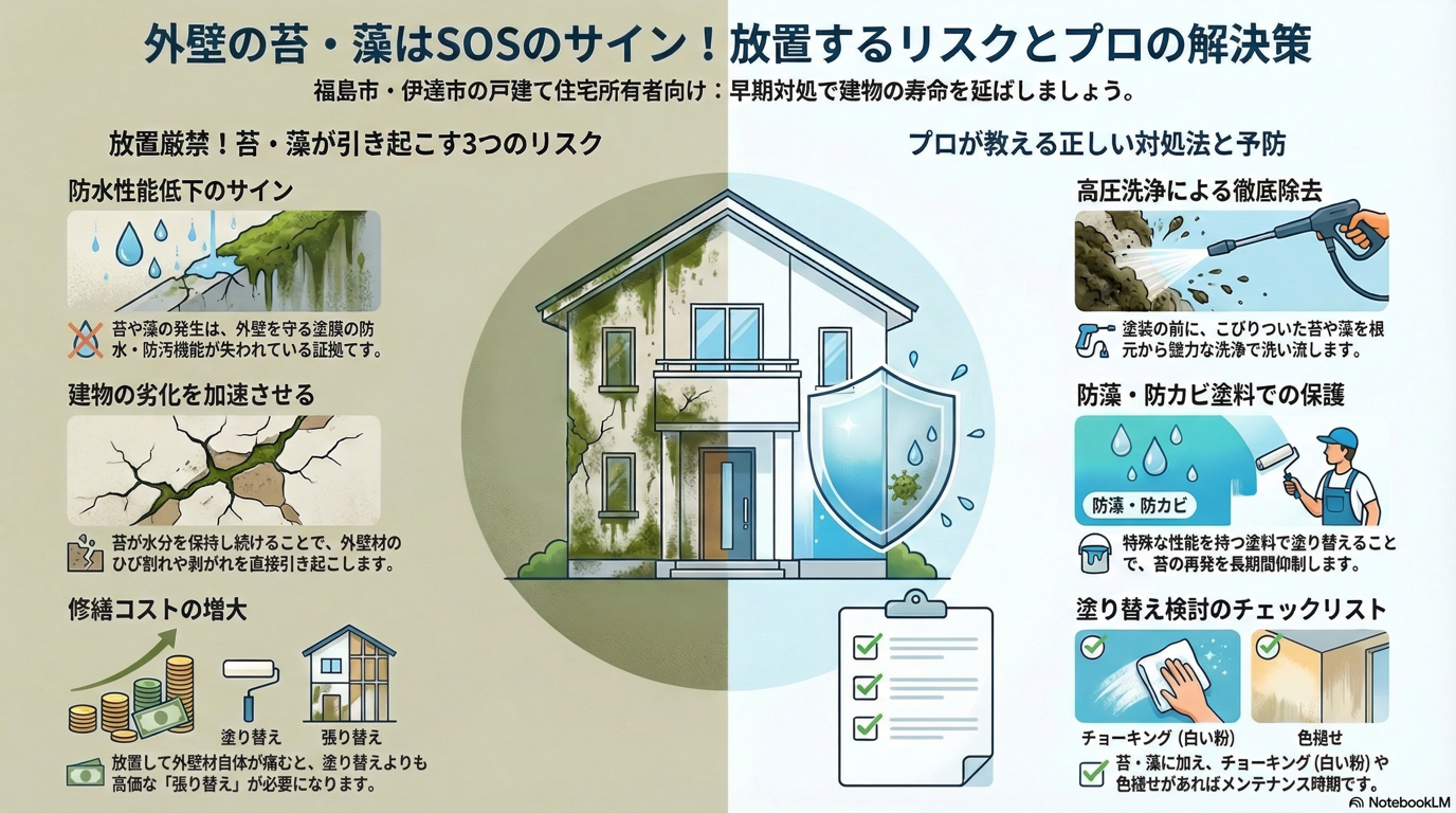 外壁の苔・藻は塗装のサイン？すると危険な理由と対処方法🏠【福島市・伊達市】 02