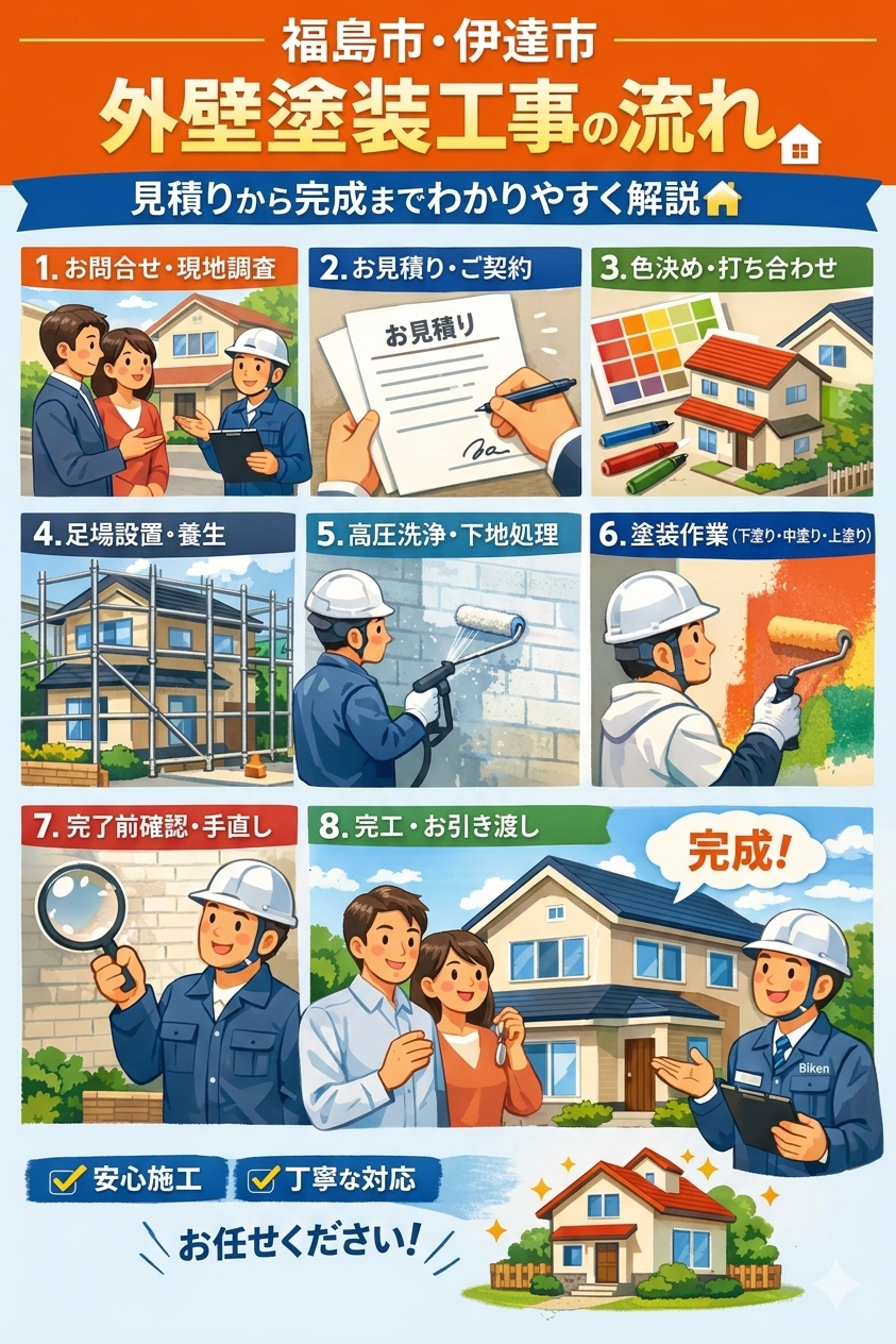 外壁塗装工事の流れ｜見積りから完成までわかりやすく解説🏠【福島市・伊達市】