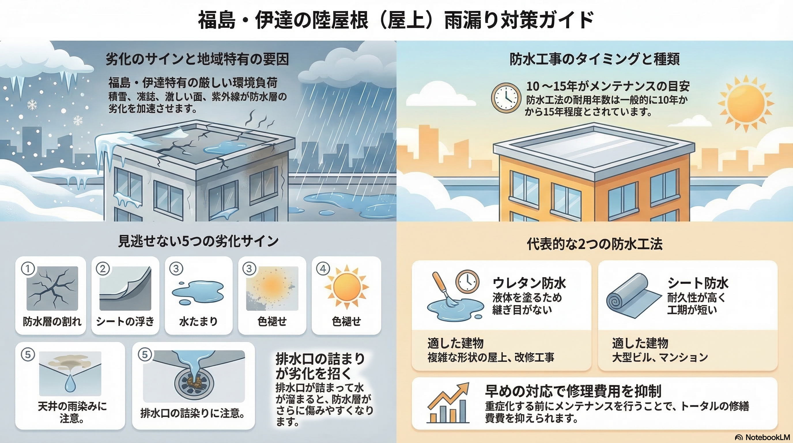 陸屋根の雨漏りの原因とは？屋上防水の劣化サインと対処方法を解説🏠【福島市・伊達市】 02