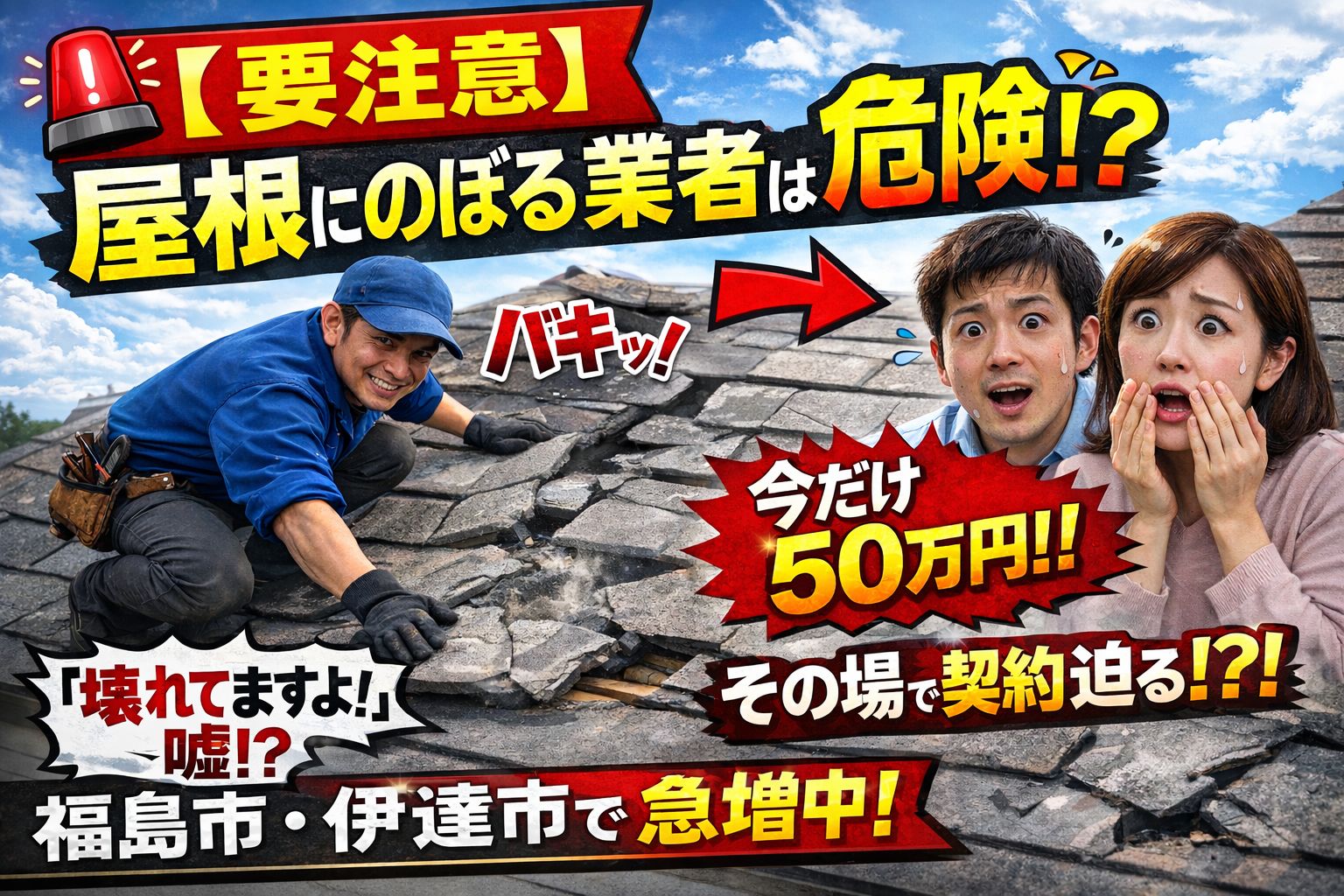 🚨【要注意】屋根にのぼる業者は危険？福島市・伊達市で増えているトラブルを解説