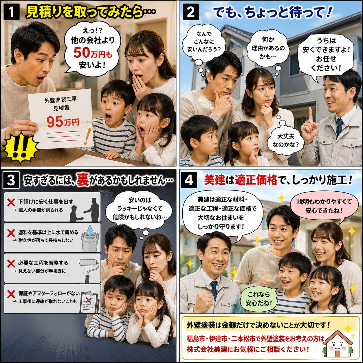 🚨「50万円安い」に騙されないで!安すぎる外壁塗装が危険な理由とは?【福島市・伊達市・二本松市|株式会社美建】 02