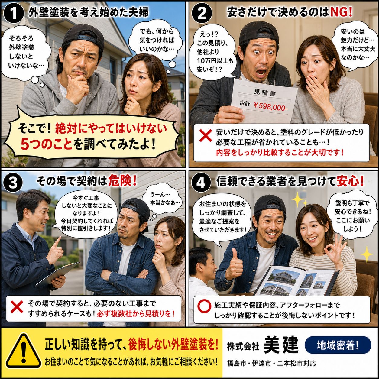 🚨外壁塗装で絶対にやってはいけないこと5選!後悔しないために知っておきたいポイント【福島市・伊達市・二本松市|株式会社美建】 02