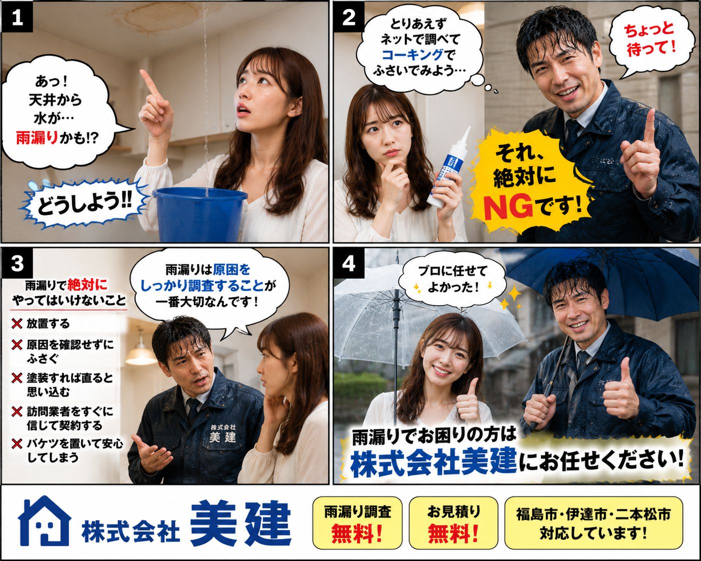 🚨雨漏りが始まったら絶対にやってはいけないこと5選!放置すると修理費が高額になることも…【福島市・伊達市・伊達郡・二本松市|株式会社美建】 02