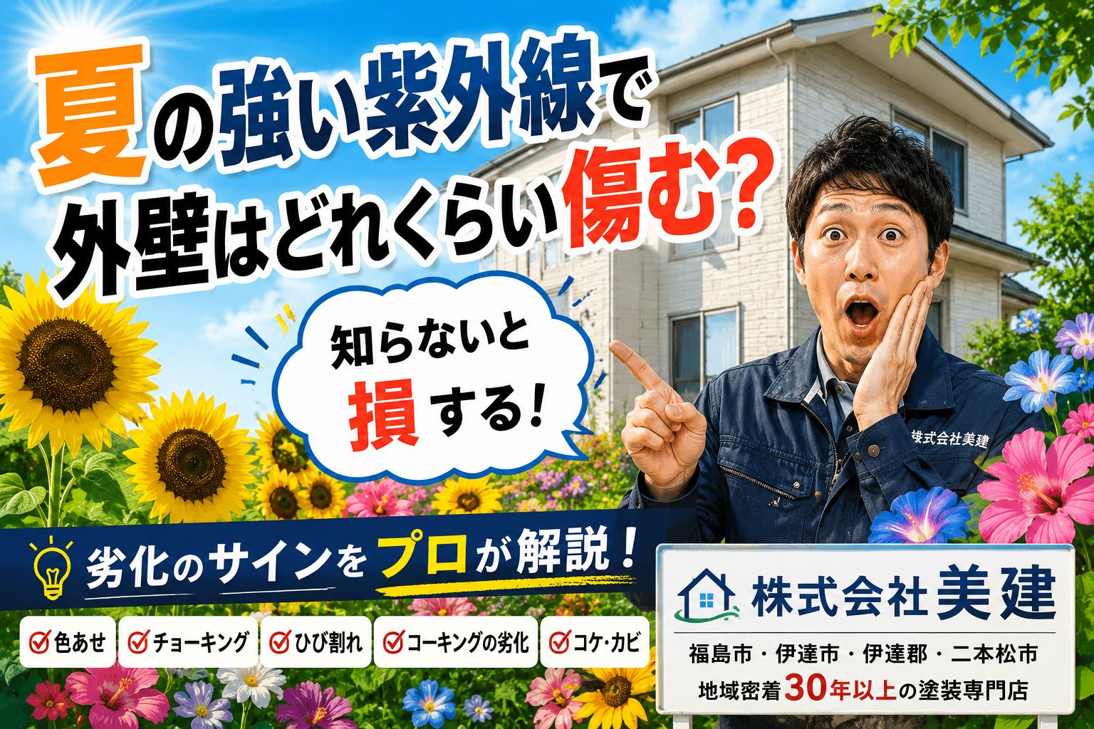 🏠🌞夏の強い紫外線で外壁はどれくらい傷む？知らないと損する劣化のサイン【福島市・伊達市・伊達郡・二本松市｜株式会社美建】