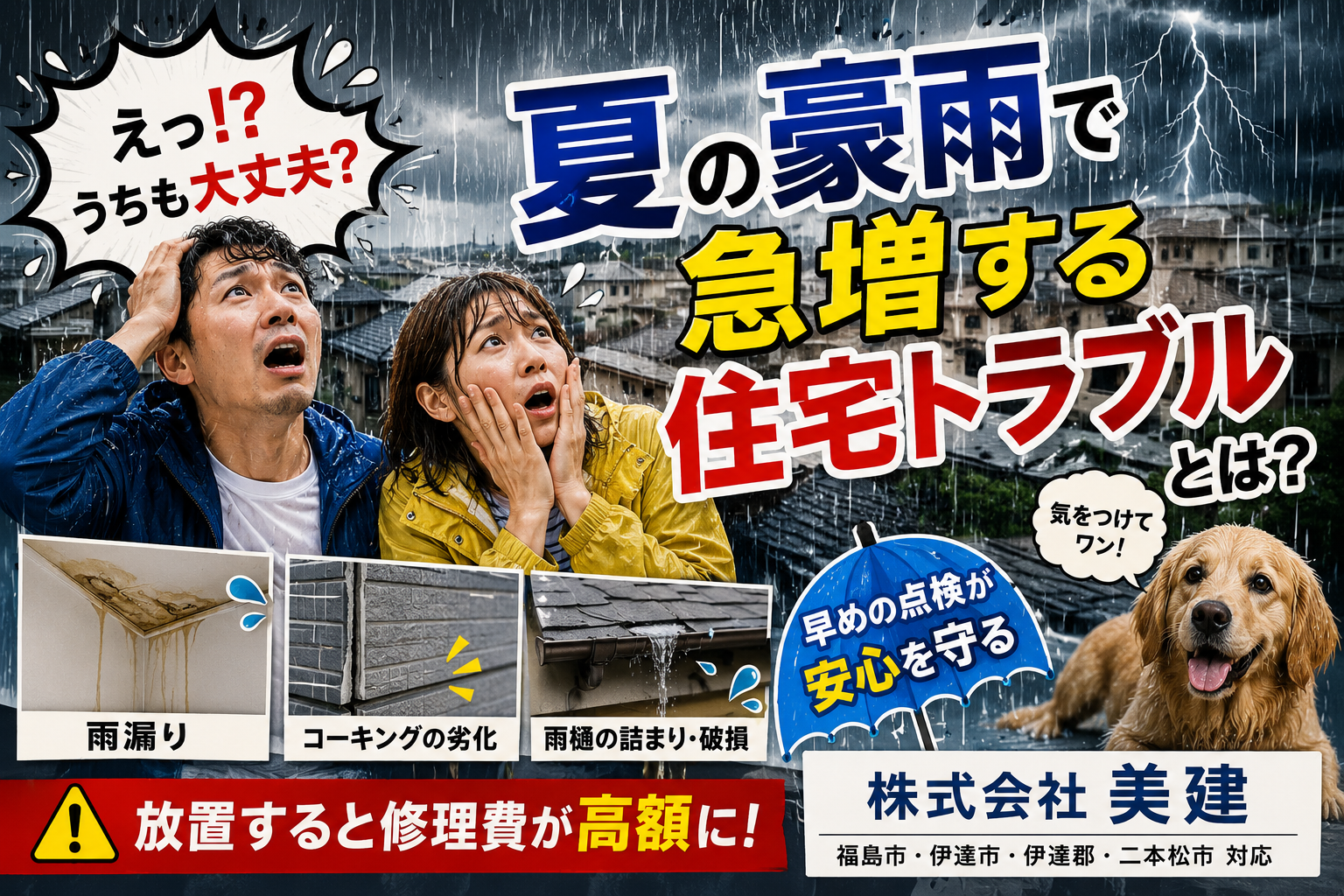 🚨⛈️夏の豪雨で急増する住宅トラブルとは？放置すると修理費が高額になることも！【福島市・伊達市・伊達郡・二本松市｜株式会社美建】