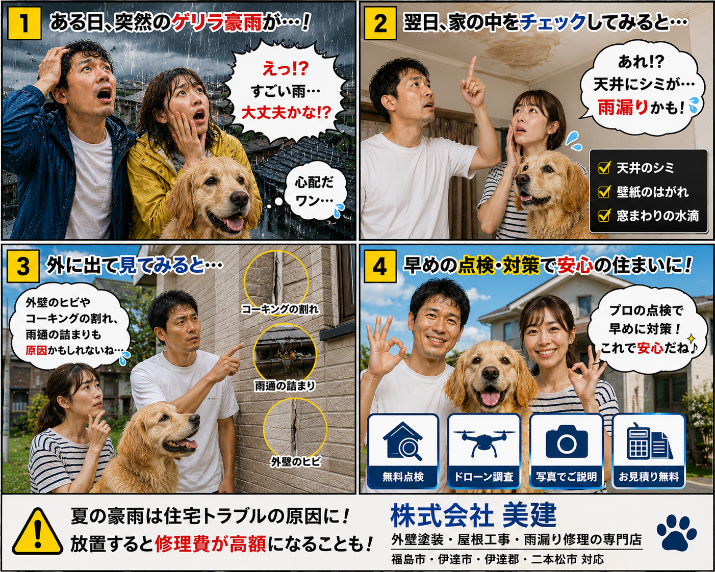 🚨⛈️夏の豪雨で急増する住宅トラブルとは？放置すると修理費が高額になることも！【福島市・伊達市・伊達郡・二本松市｜株式会社美建】 02