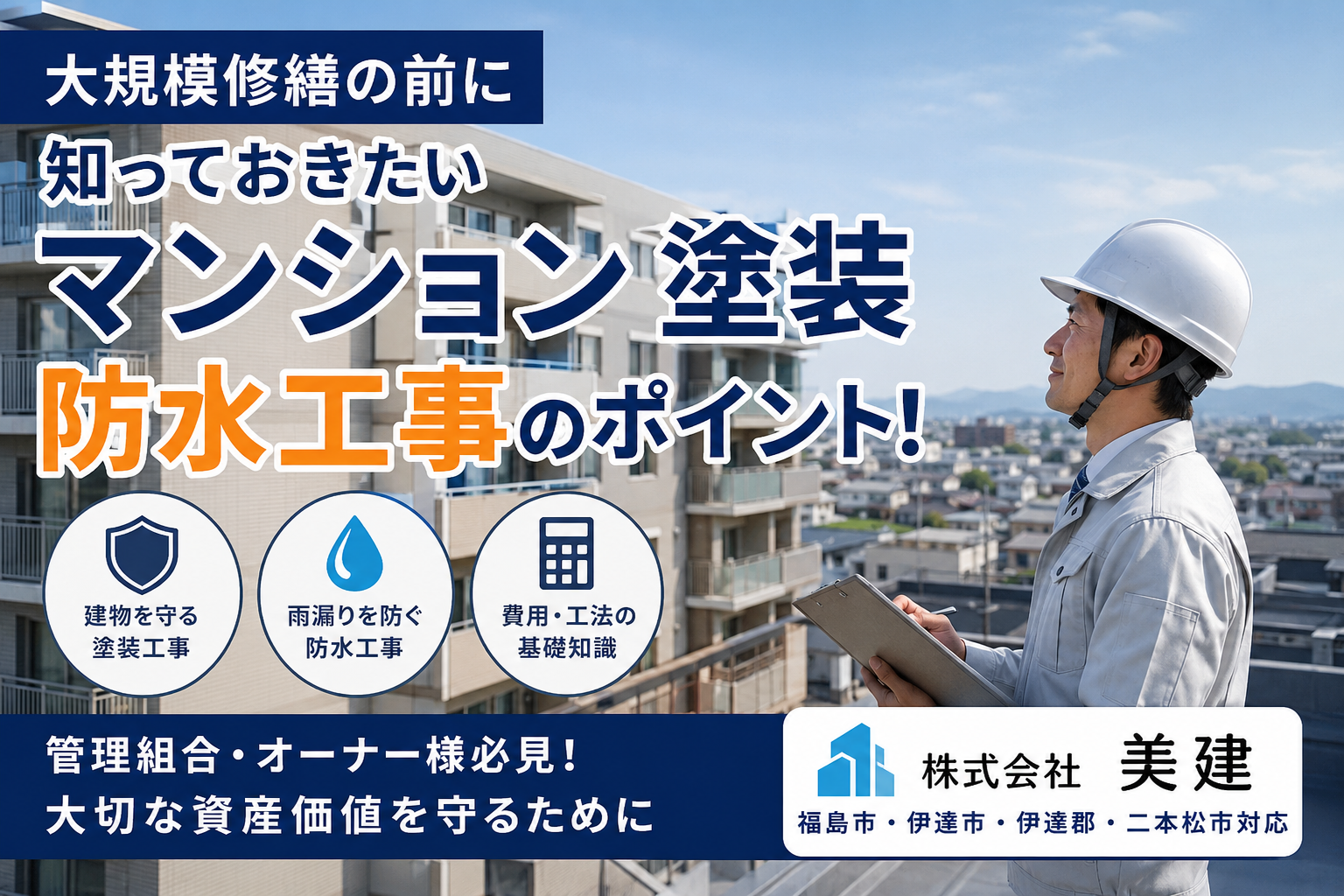 🏢✨大規模修繕の前に知っておきたいマンション塗装・防水工事のポイント！ 管理組合・オーナー様必見！大切な資産価値を守るための基礎知識【福島市・伊達市・伊達郡・二本松市｜株式会社美建】