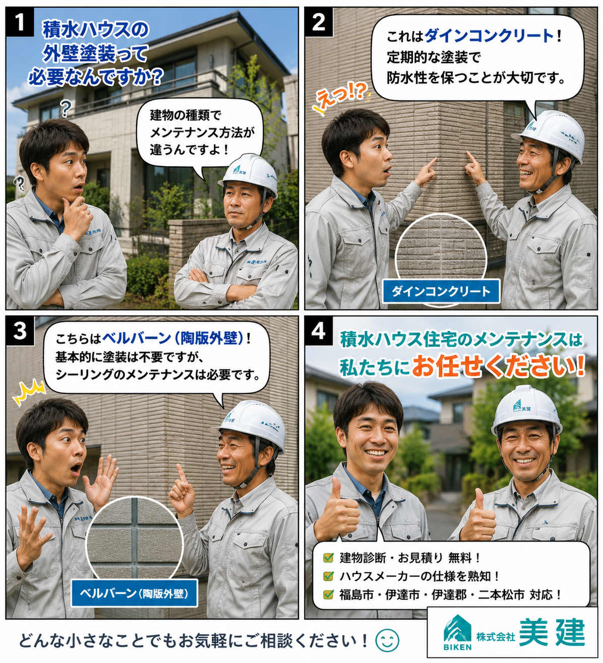 積水ハウス住宅の外壁塗装なら?ダインコンクリート・ベルバーンのメンテナンスをプロが徹底解説!|🏠【福島市・伊達市・伊達郡・二本松市】株式会社美建 02