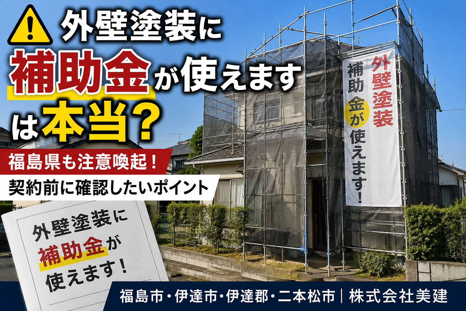 ⚠️「外壁塗装に補助金が使えます」は本当?福島県も注意喚起!契約前に確認したいポイント【福島市・伊達市・伊達郡・二本松市|株式会社美建】 こんにちは😊