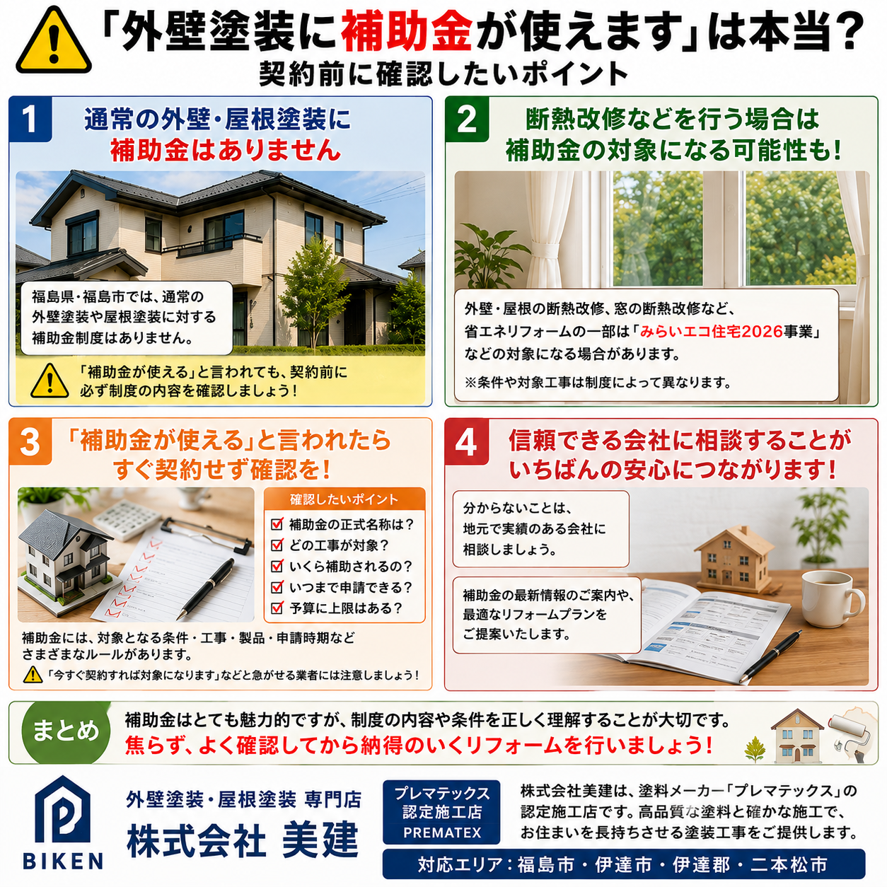 ⚠️「外壁塗装に補助金が使えます」は本当?福島県も注意喚起!契約前に確認したいポイント【福島市・伊達市・伊達郡・二本松市|株式会社美建】 こんにちは😊 02