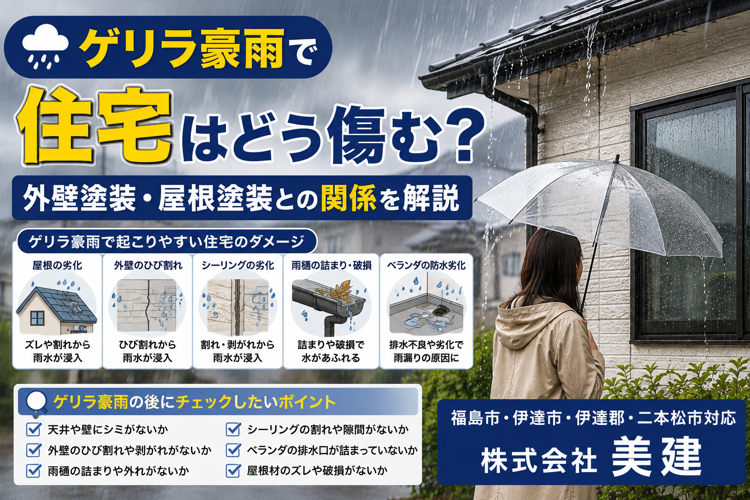 🌧️ ゲリラ豪雨で住宅はどう傷む？外壁塗装・屋根塗装との関係を解説【福島市・伊達市・伊達郡・二本松市｜株式会社美建】