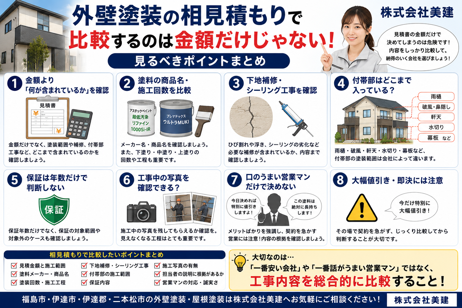 🏠 外壁塗装の相見積もりで比較するのは金額だけじゃない!見るべき項目とは【福島市・伊達市・伊達郡・二本松市|株式会社美建】 02