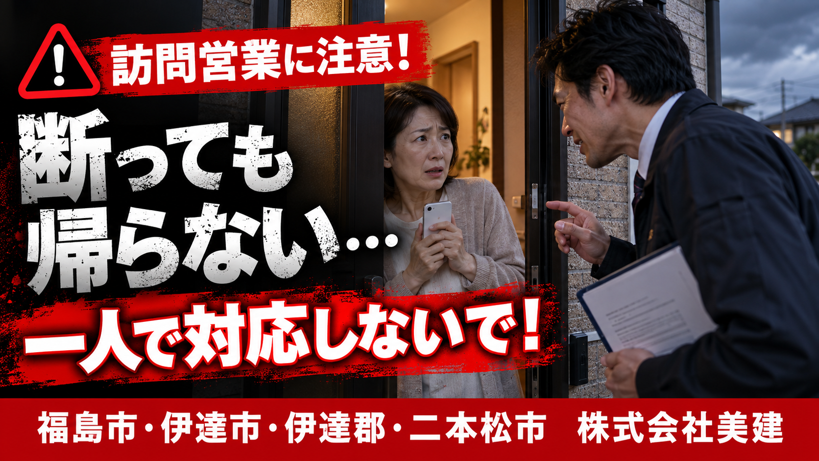🚨断っても帰らない訪問営業への対処法｜一人で対応しないことが大切【福島市・伊達市・伊達郡・二本松市】