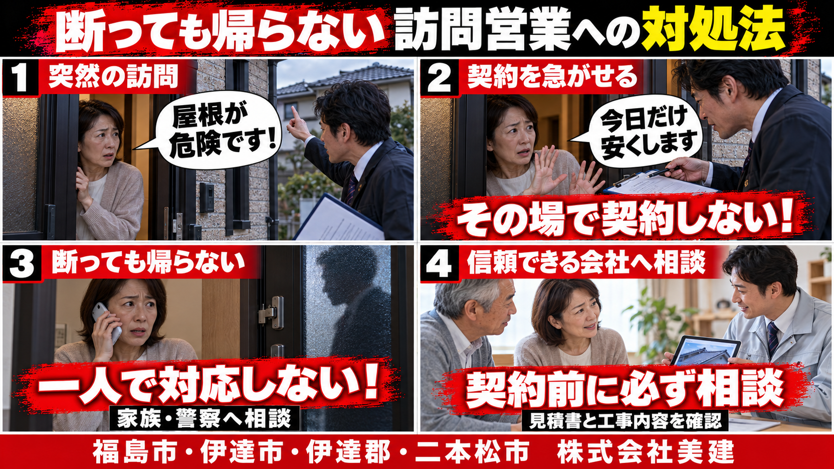 🚨断っても帰らない訪問営業への対処法｜一人で対応しないことが大切【福島市・伊達市・伊達郡・二本松市】 02
