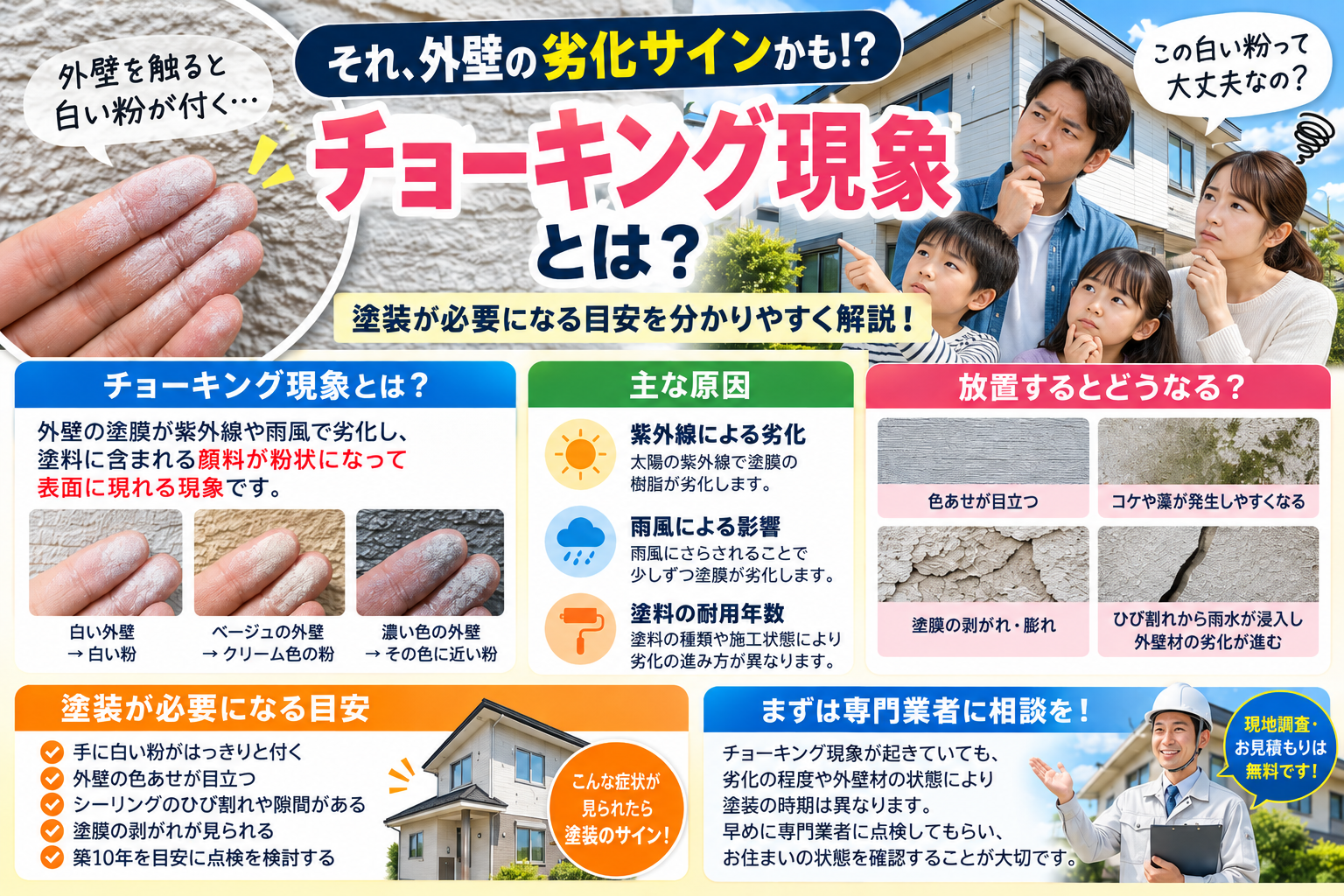 🏠【外壁を触ると白い粉が付く】チョーキング現象とは?塗装が必要になる目安を解説【福島市・伊達市・伊達郡・二本松市】 02